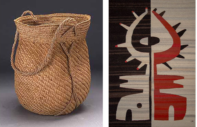 From left to right: Basket by Jennifer Zurick; Tapestry by Wence & Sandra Martinez. Courtesy of the artists.
