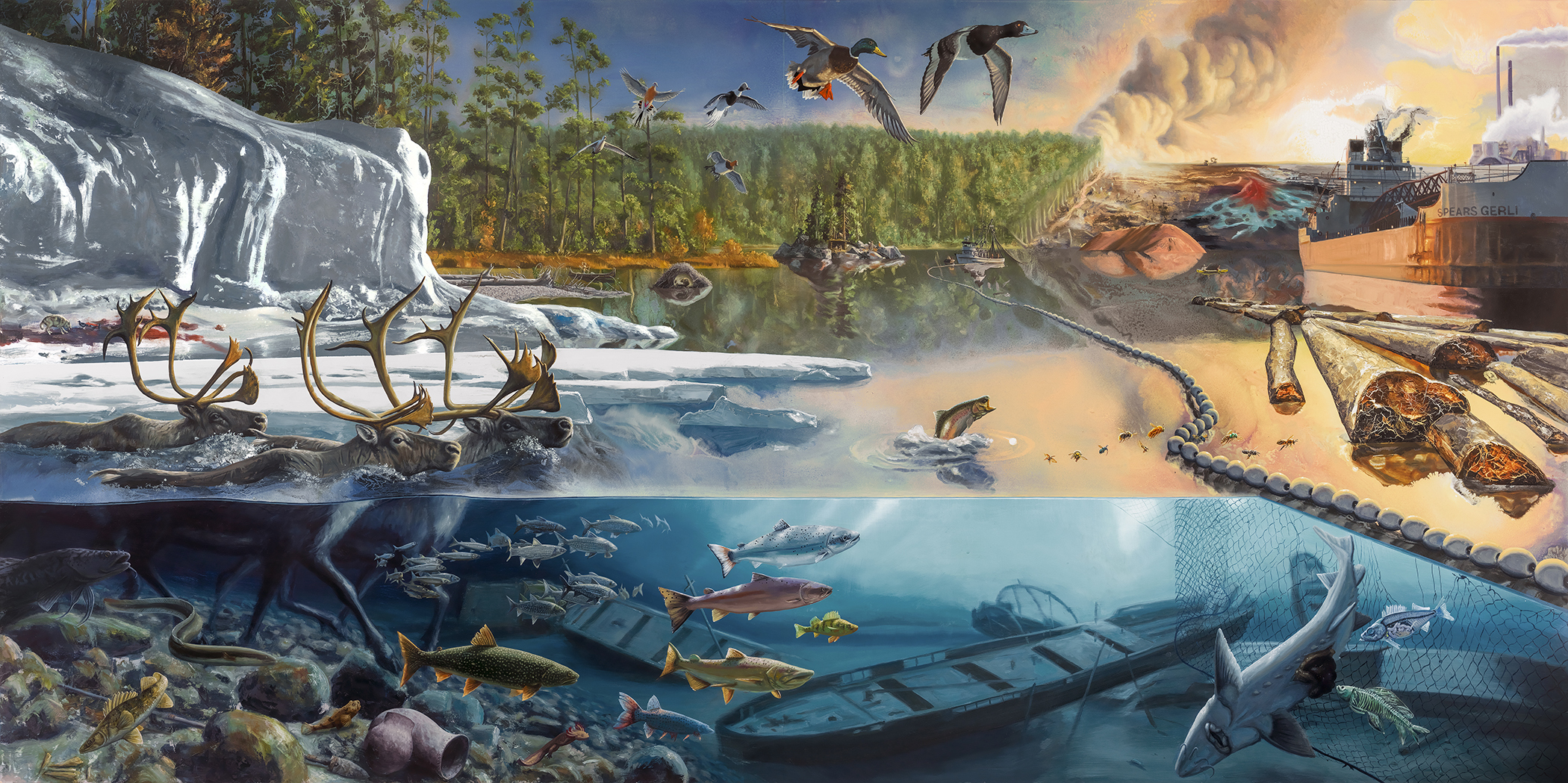 Alexis Rockman, Cascade (2015). Oil and alkyd on wood panel. Dimensions: 72” x 144”. ©2015 Alexis Rockman. Courtesy of the artist. Rockman’s mural-sized painting explores the Great Lakes’ past, present and future – from last ice age to colonial era virgin forests to deforestation from agricultural, industrial and urban development. Rockman asks: “The lakes contain 20% of Earth’s and 95% of our nation’s surface freshwater. They are ‘ground zero’ for the future when freshwater will be Earth’s most valuable asset. Yet they are neglected, exploited, and further stressed by climate change. Can we face the reality of our actions and the consequences of complacency?”