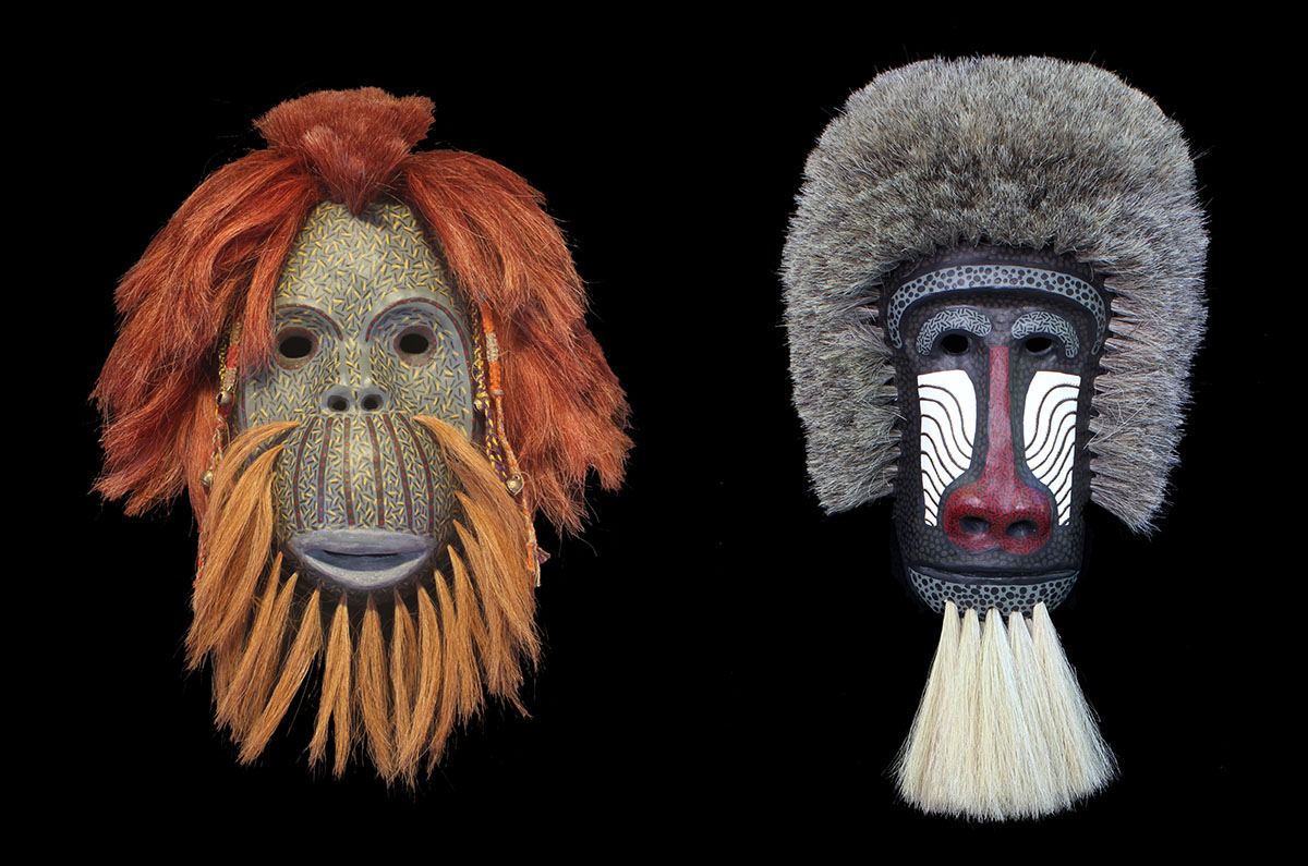  “ORANGUTAN” mask and “MANDRIL” mask by Mary Jane Piccuirro. © Piccuirro, 2018. Courtesy of the artist.