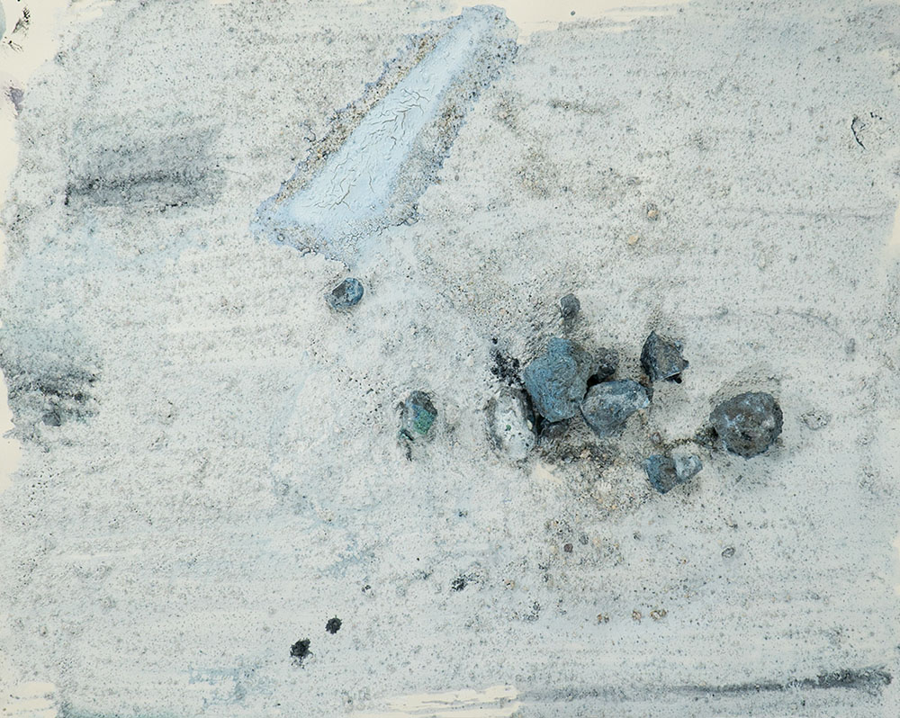 Xavier Cortada, A-01: Antarctica from the Antarctic Ice Paintings: Global Coastlines series (2007). Antarctic ice, sediment from Antarctica’s Dry Valleys, and mixed media on paper. Dimensions: 9” x 12.” © Cortada, 2018. Courtesy of the artist.