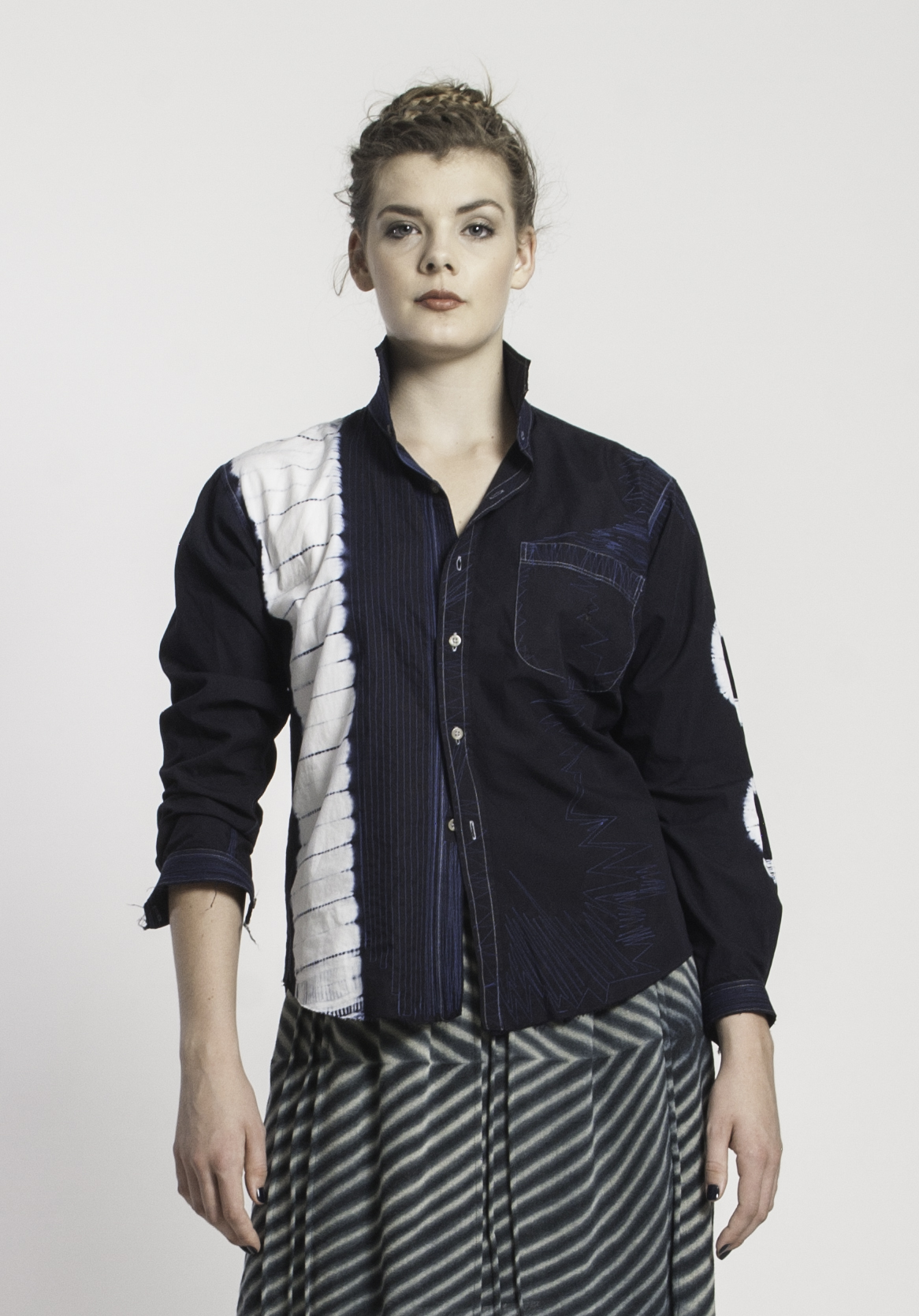Mary Jaeger, Shirt/jacket. Fashioned from a repurposed man’s tailored shirt. ©2019 maryjaeger.com. Photo courtesy of the artist.