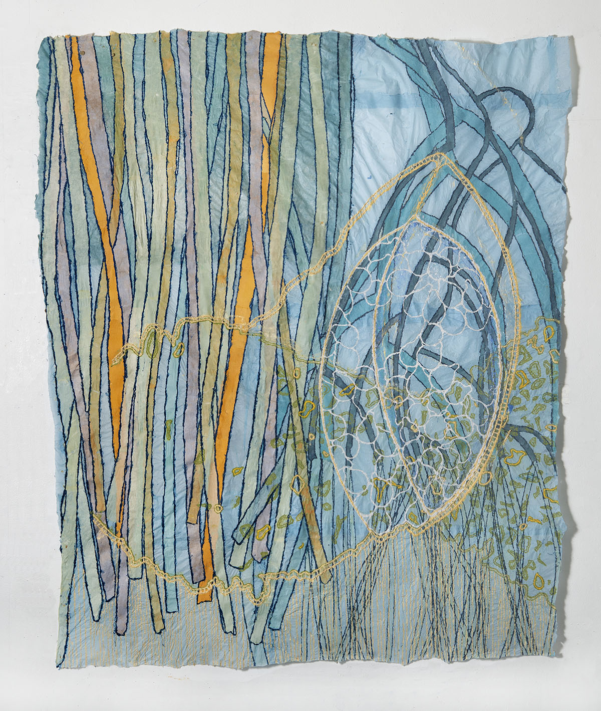 Nancy Cohen, Scrim (2019). Paper pulp, ink and handmade paper. Dimensions: 52” x 45”. ©Nancy Cohen 2019. Courtesy of the artist and Kathryn Markel Fine Arts.   Cohen offers two views of mangroves: the bark supporting their towering heights and their tangled roots – habitat for oysters, shrimp and crabs. Hardy and ingenious, mangroves thrive where salt, temperature and water levels vary with the tide. Stilt-like roots prop mangrove breathing pores above muddy water and form massive, coast-protecting barriers against strong waves.   Scrim is both a tribute to an eco-tourism paradise and a plea for humans to respect this vulnerable ecology. 