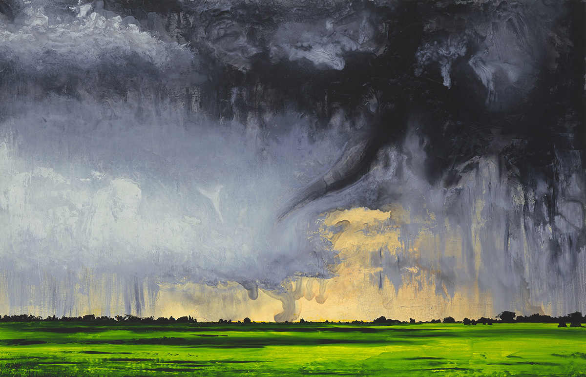 Alexis Rockman, Grey Twister, Green Field from Weather Drawings (2005). Oil on gessoed paper. Dimensions: 38.75” x 59”. ©2005 Alexis Rockman. Courtesy of the artist.   A twister bears down on a vibrant green field, spelling trouble for surrounding trees. Trees are particularly vulnerable to tornados in summer. Leafy branches offer more resistance to violent winds capable of snapping off crowns and splintering trunks.   Scientists report the behavior of tornados in the U.S. is changing, perhaps due to climate change. More study is needed to assess how climate change will affect the direction and magnitude of future tornados. 