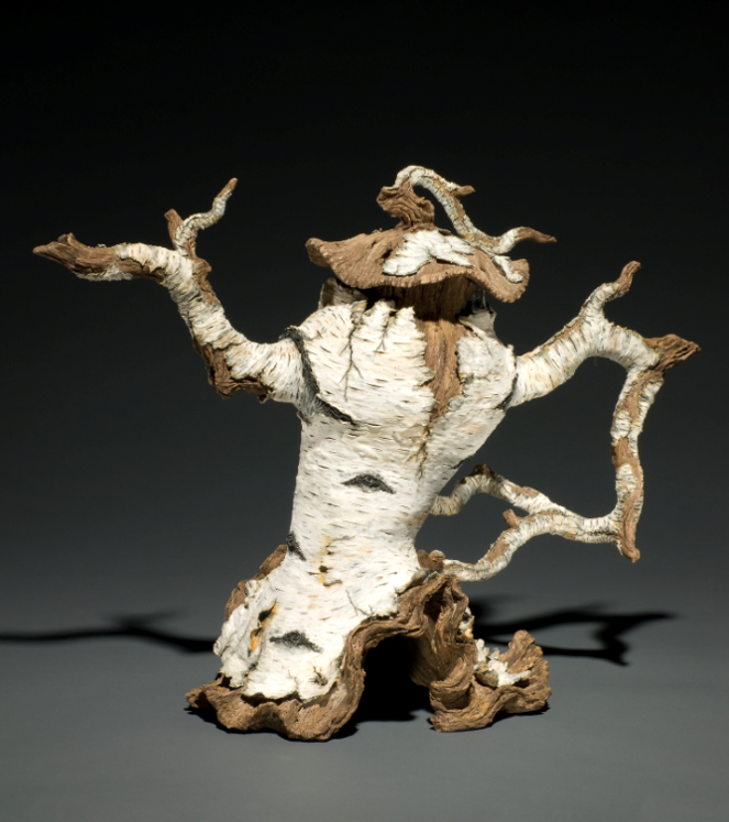 Eric Serritella, Sassy Birch Teapot (2009). Ceramic. Dimensions: 16” h x 16” w x 8” d. ©2009 Eric Serritella. Courtesy of the artist.  Serritella’s Sassy Birch packs three surprises into one tiny sculpture. Its tattered bark is carved from clay. The sculpture disguises a functioning teapot. And it seems human – leaning towards us, resilient, imploring.   Having roused our curiosity, Serritella challenges: “I strive to show nature’s tenacity. She triumphs, maintaining her splendor despite our disregard. My hope is that at least some will acquire new appreciation – and choose to walk with softer steps.” 