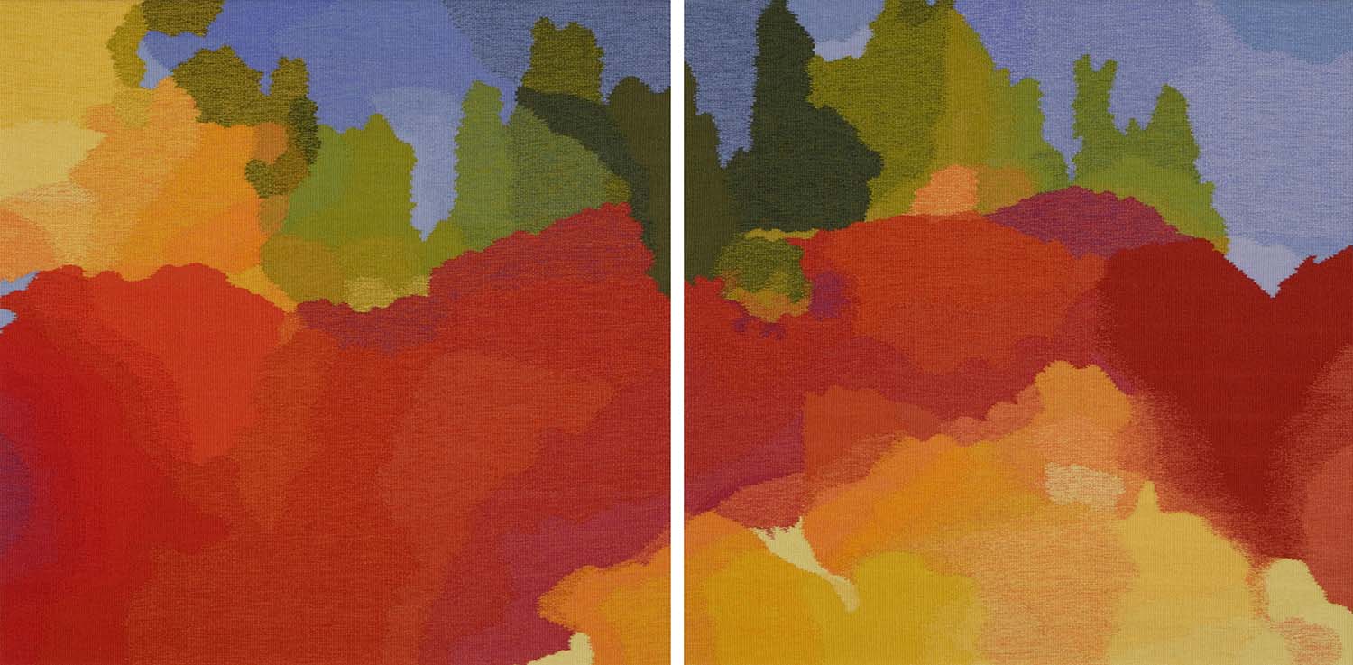 Ramona Sakiestewa (Hopi), <em>Nebula 22 & 23</em> (diptych) (2009). Tapestry, wool warp and dyed wool weft. Dimensions: 36 x 36.5 x 2”. Collection of Carl and Marilynn Thoma, 2009.021a-b. ©2009 Ramona L. Sakiestewa. Photo by the Carl & Marilynn Thoma Art Foundation. Courtesy of the Carl & Marilynn Thoma Art Foundation and the Renwick Gallery of the Smithsonian American Art Museum.