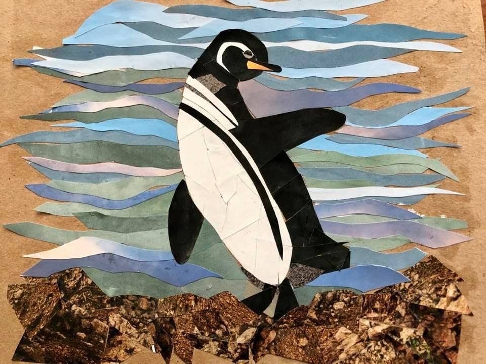 Carolyn Peirce, Galapagos Penguin, Recycled paper collage ©2020 Carolyn Peirce. Courtesy of the artist.