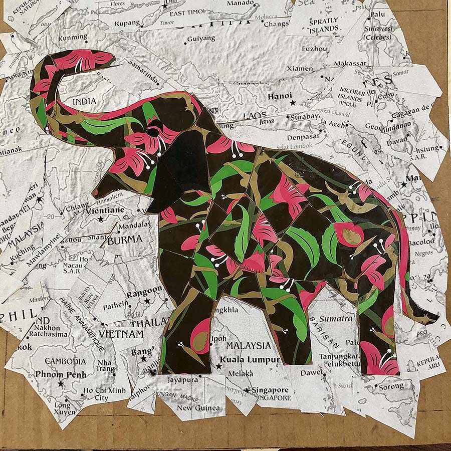 Carolyn Peirce, Asian Elephant, Recycled paper collage ©2020 Carolyn Peirce. Courtesy of the artist.