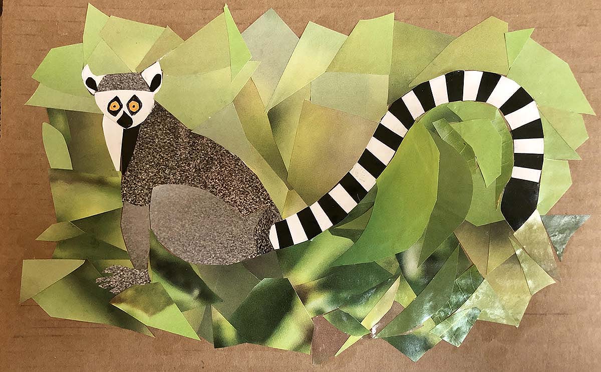 Carolyn Peirce, Ring-tailed Lemur, Recycled paper collage ©2020 Carolyn Peirce. Courtesy of the artist.