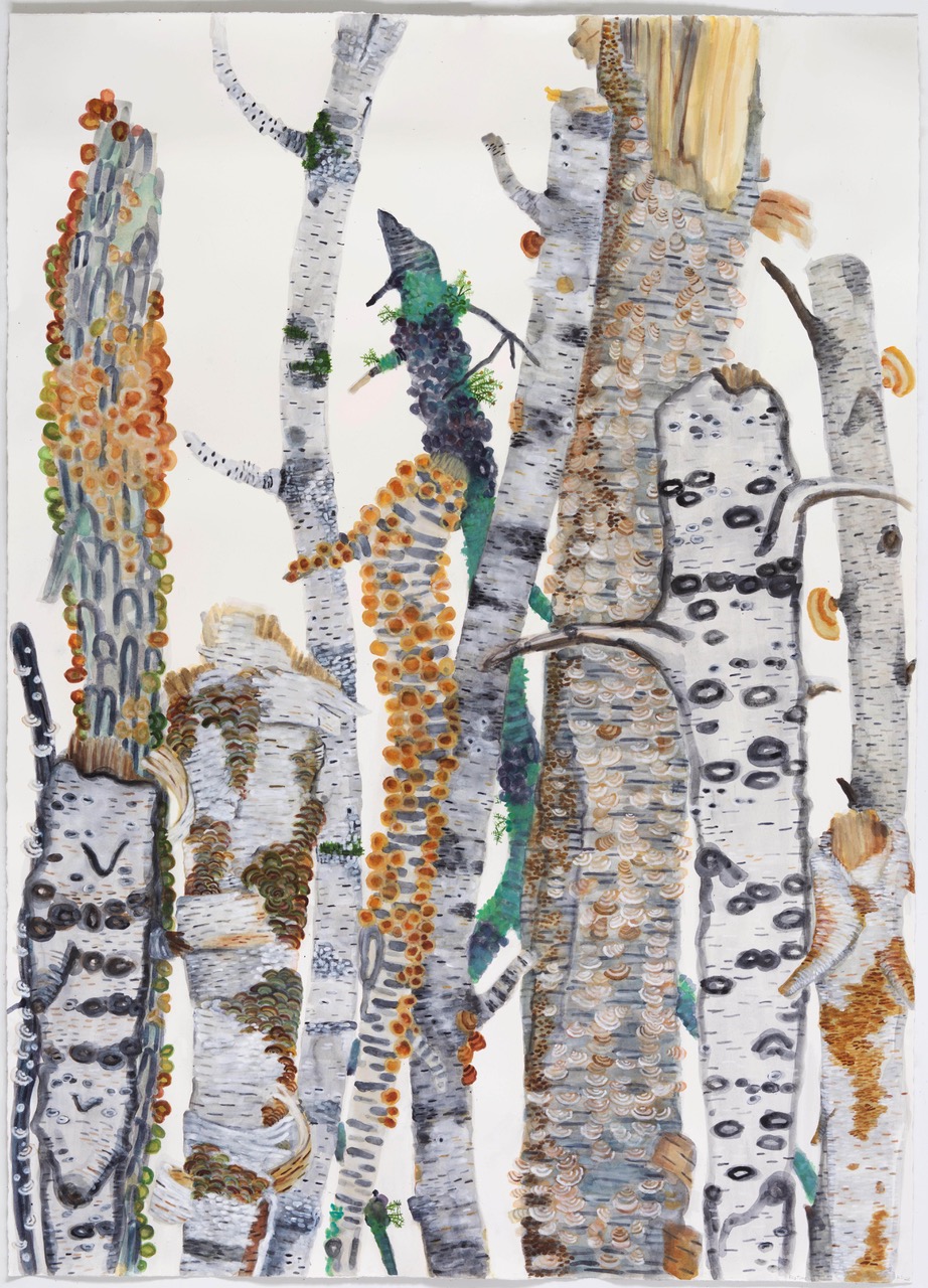Katie DeGroot, <em>Big Time (the birches).</em> Watercolor on paper. 72 in. by 52 in. ©Katie DeGroot 2020. Courtesy of the Kathryn Markel Fine Arts Gallery.