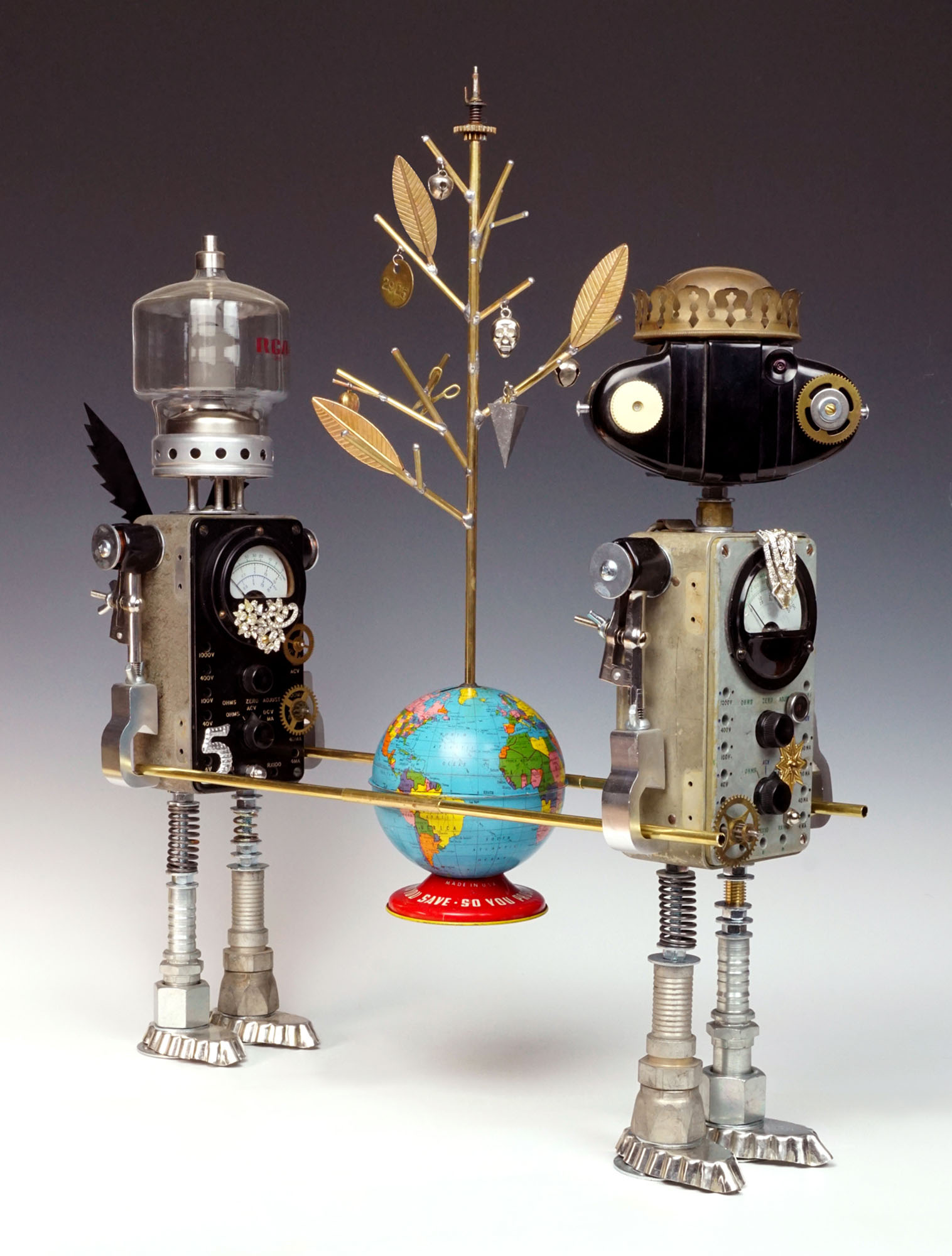 Amy Flynn, After Us: The Conservators (2021). Soldered and bolted recycled found vintage objects. Dimensions: 22” h x 18” w x 6” d. ©Amy Flynn 2021. Courtesy of the artist.
