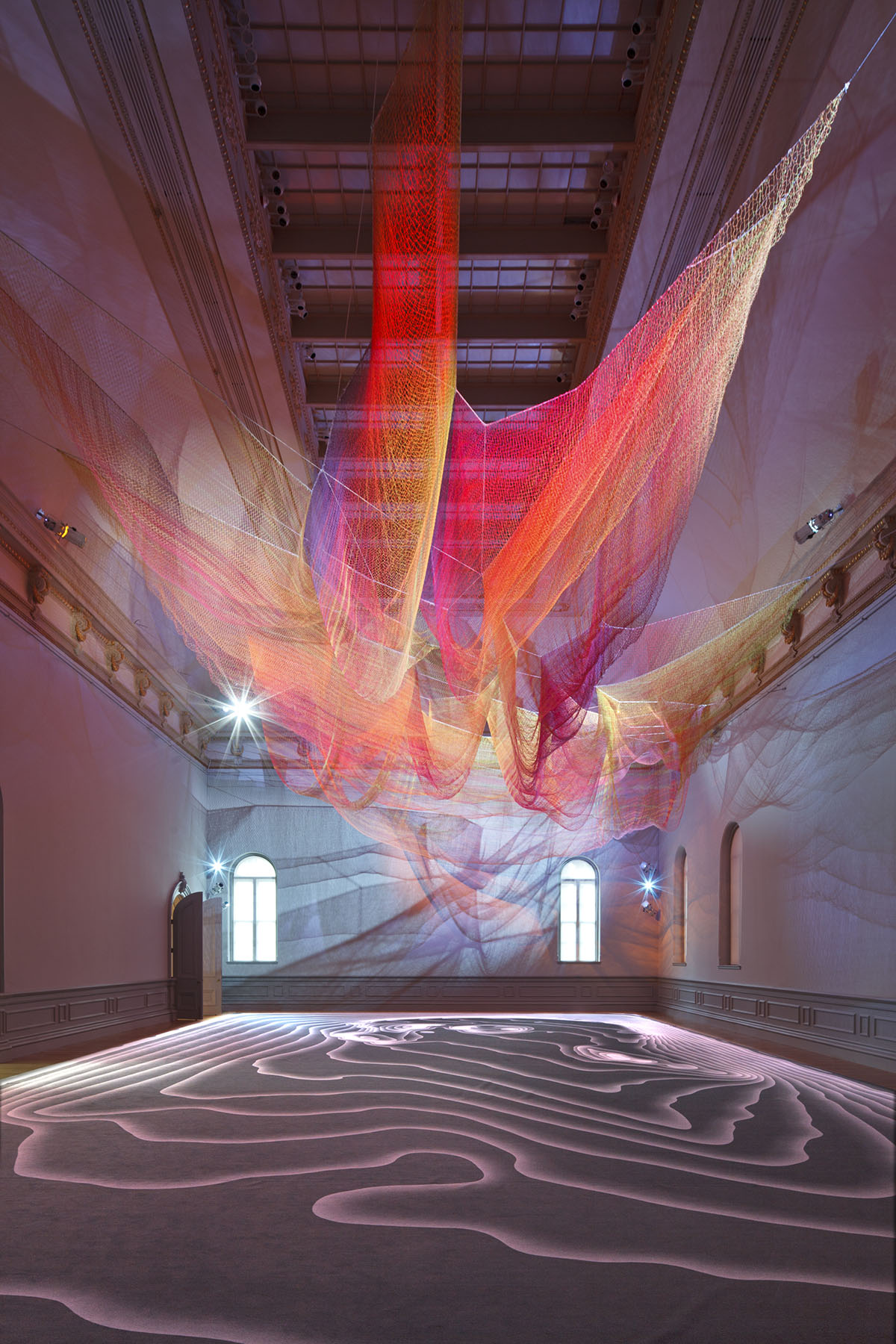 Janet Echelman, 1.8 Renwick (2015). Mixed media installation. Smithsonian American Art Museum, purchase made possible by the American Art Forum. ©2015, Janet Echelman. Photo by Ron Blunt.