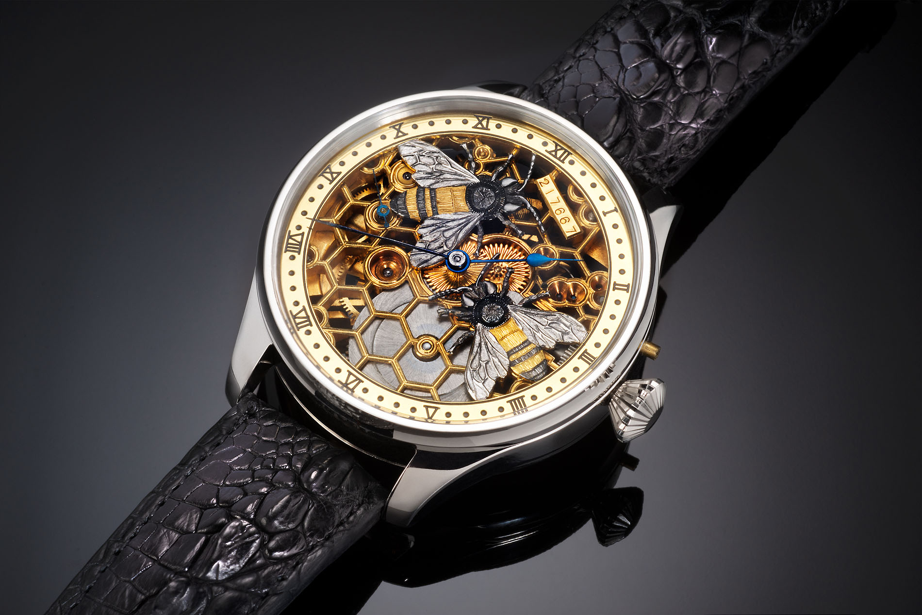 Carlos Montanaro, Honeycomb Watch (2021). Refabricated vintage timepiece. Dimensions: 48 mm w x 14 mm d. ©2021 Rewind Jewelry. Courtesy of the artist.
