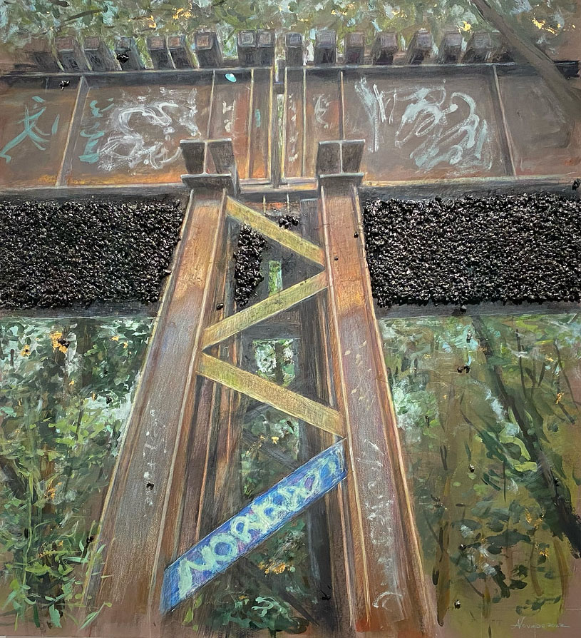 Anne Novado, <em>My Embankment Project. </em>Mixed media with carbon on cotton board.  ©Anne Novado, 2022. Courtesy of NJCU.