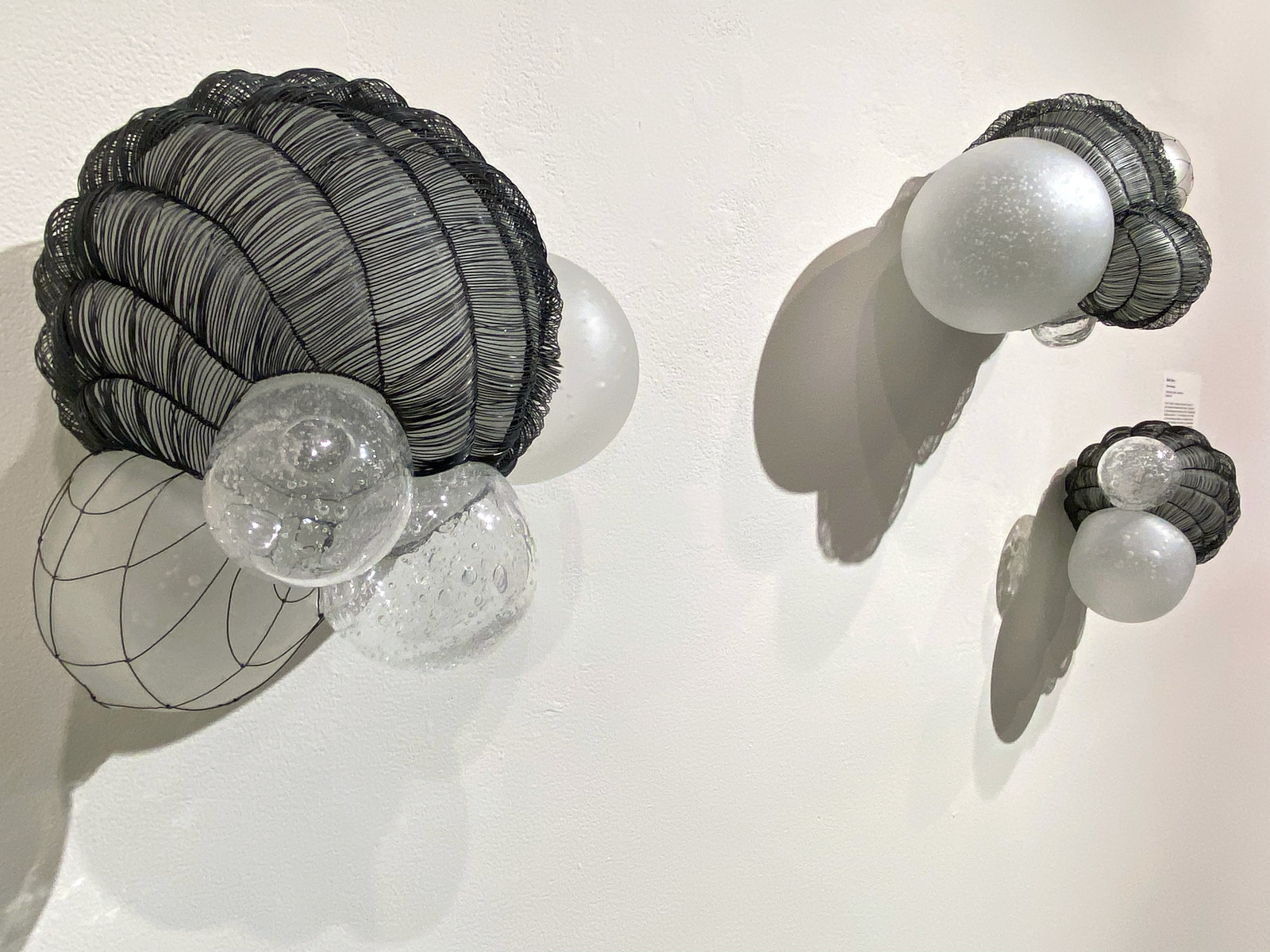 Beth Dary, <em>Caged</em> (installation view). Hand blown glass and steel wire “bubbles.” ©Beth Dary 2021. Courtesy of NJCU.
