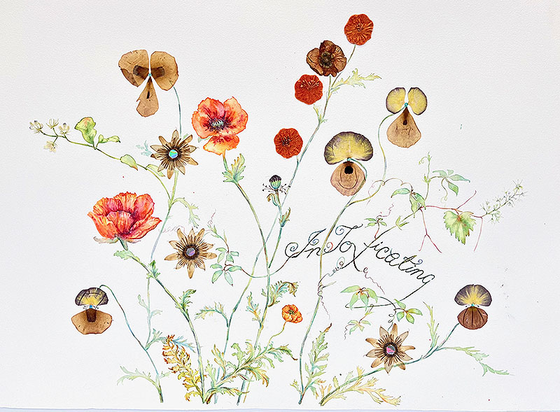 Marilla Palmer, Flowers of Intoxication, 2023. Watercolor, pressed flowers, fabric, glitter, sequin, holographic vinyl, Durabrite prints on Arches paper. ©Marilla Palmer 2023. Courtesy of Kathryn Markel Fine Arts.