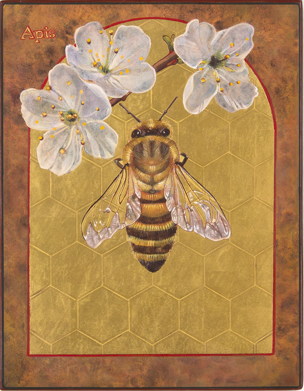 Angela Manno, Apis, The Honey Bee. Egg Tempera and Gold Leaf on Wood. 9” x 7” x 1.” ©2016 Angela Manno. Courtesy of the artist.