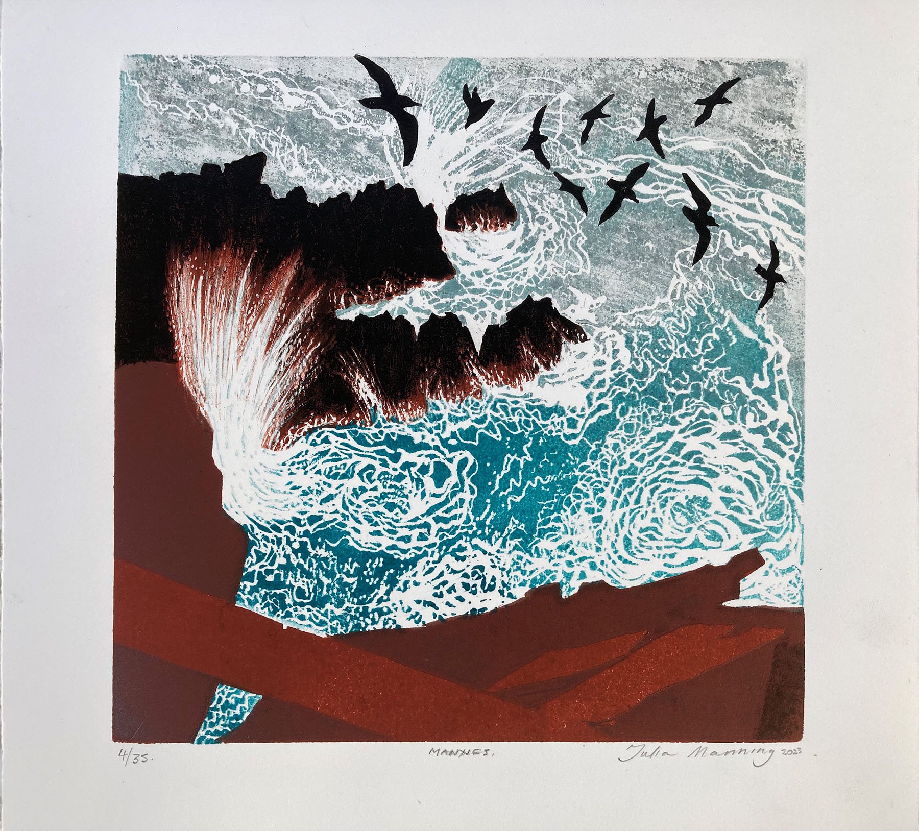 Julia Manning, Manxies. Wood and Linocuts. Image size: 30 x 30 cm. ©2023 Julia Manning. Courtesy of the Makers Guild in Wales.