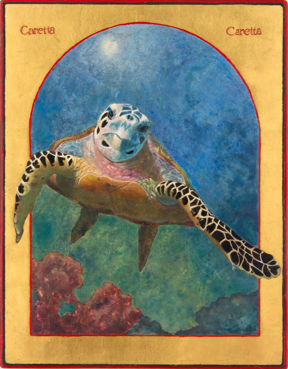 Angela Manno, The Loggerhead Sea Turtle, Caretta Caretta. Egg Tempera and Gold Leaf on Wood. 9” x 7” x 1.” ©2019 Angela Manno. Courtesy of the artist.