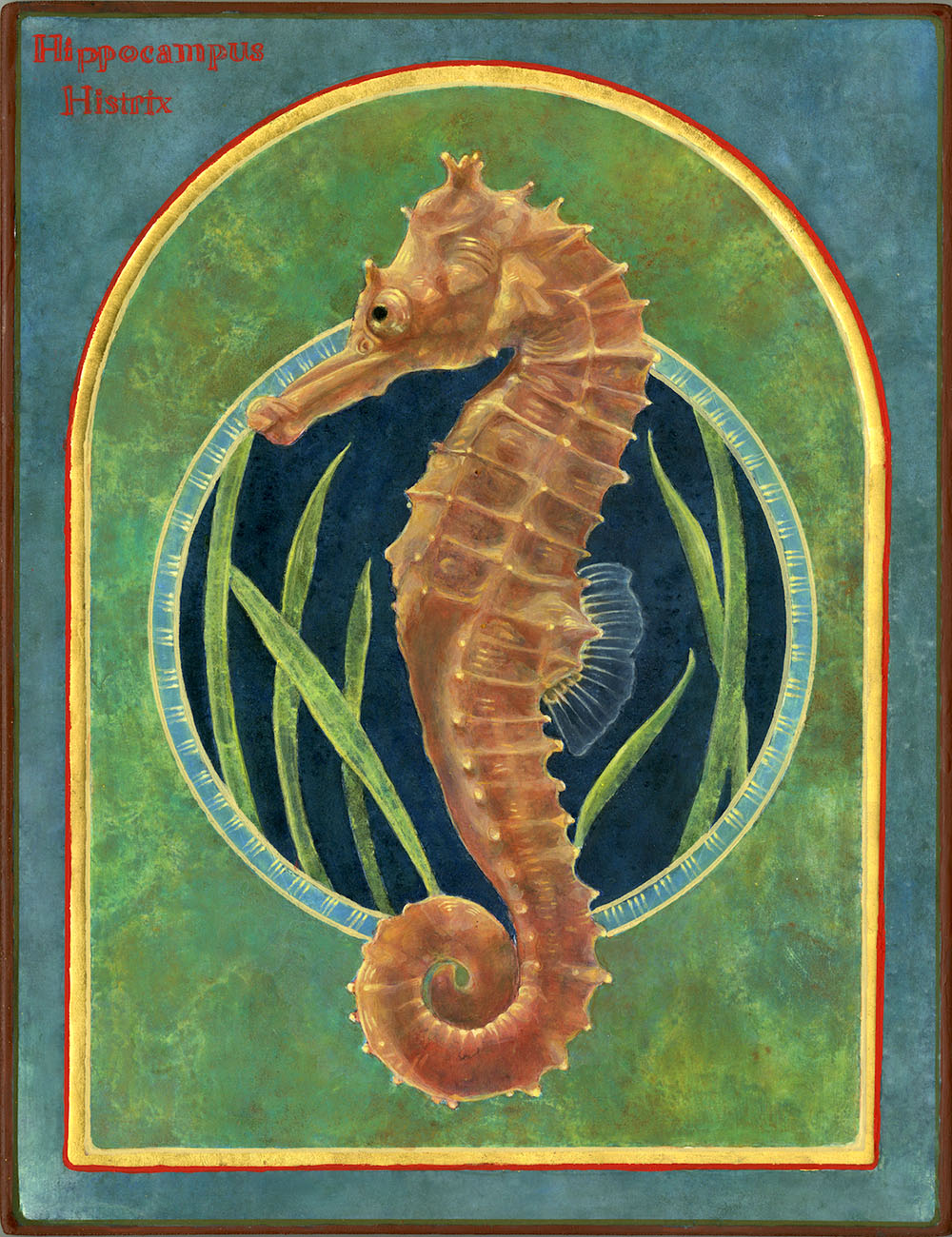 Angela Manno, The Sea Horse, Hippocampus Histrix. Egg Tempera and Gold Leaf on Wood. 9” x 7” x 1.” ©2022 Angela Manno. Courtesy of the artist.