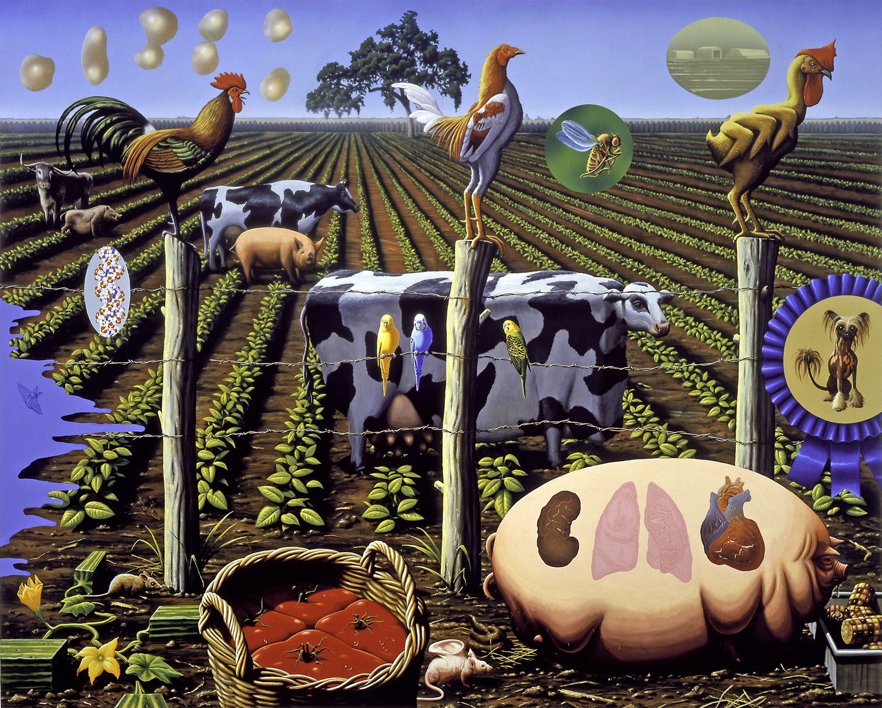 Alexis Rockman, <em>The Farm, </em>2000. Oil and acrylic on wood panel. 96 x 120 inches. ©2000 Alexis Rockman. Collection of Joy of Giving Something, Inc. NY. Courtesy of American Federation of Arts and The Bruce Museum.