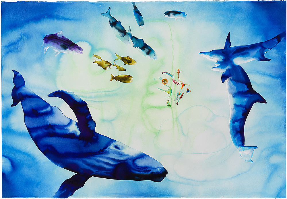 Alexis Rockman, Trophic Web, 2022. Watercolor and acrylic on paper, 2022. 52” x 75¼.” ©Alexis Rockman, 2022. Courtesy of the Mystic Seaport Museum. 